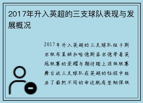 2017年升入英超的三支球队表现与发展概况