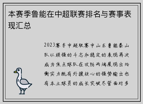 本赛季鲁能在中超联赛排名与赛事表现汇总