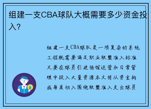 组建一支CBA球队大概需要多少资金投入？