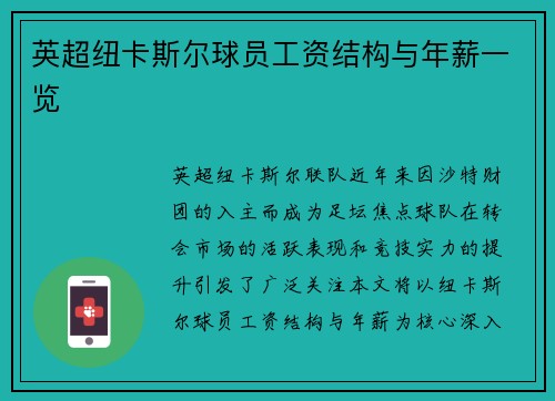 英超纽卡斯尔球员工资结构与年薪一览